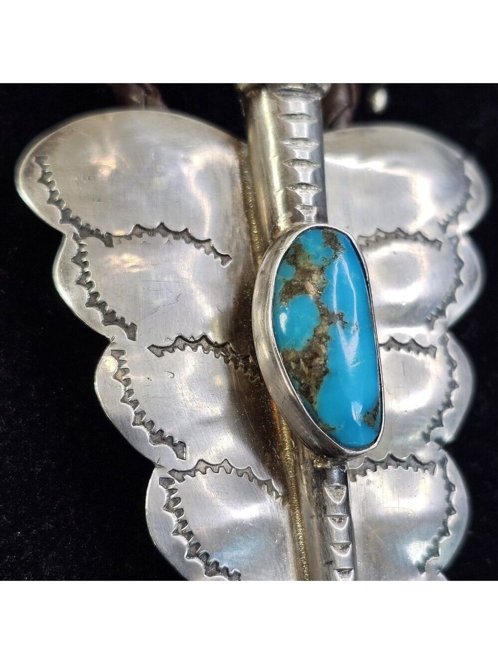 Navajo Turquoise Sterling Silver Bolo Tie Large Butterfly Signed HW. USA - Picture 5 of 12